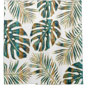 ティール(緑がかった色)と金ゴールドのパターン(の模様が)ある熱帯葉 シャワーカーテン (正面)