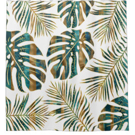 ティール（緑がかった色）と金ゴールドのパターン（の模様が）ある熱帯葉 シャワーカーテン