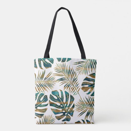 ティール（緑がかった色）と金ゴールドのパターン（の模様が）ある熱帯葉 トートバッグ (裏面)