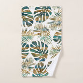 ティール(緑がかった色)と金ゴールドのパターン(の模様が)ある熱帯葉 バスタオルセット (ハンドタオル)