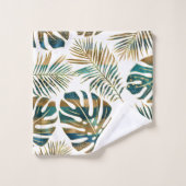 ティール(緑がかった色)と金ゴールドのパターン(の模様が)ある熱帯葉 バスタオルセット (ウォッシュタオル)