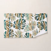 ティール(緑がかった色)と金ゴールドのパターン(の模様が)ある熱帯葉 バスタオルセット (ハンドタオル)