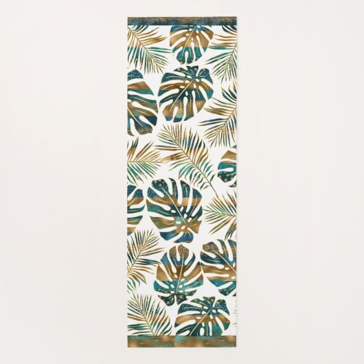 ティール（緑がかった色）と金ゴールドのパターン（の模様が）ある熱帯葉 ヨガマット (裏面)