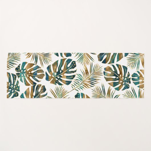 ティール（緑がかった色）と金ゴールドのパターン（の模様が）ある熱帯葉 ヨガマット (正面(横))