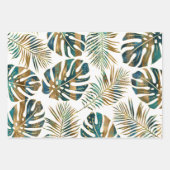 ティール(緑がかった色)と金ゴールドのパターン(の模様が)ある熱帯葉 ラッピングペーパーシート (正面3)