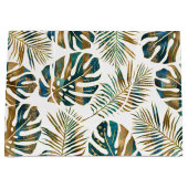 ティール（緑がかった色）と金ゴールドのパターン（の模様が）ある熱帯葉 ラージペーパーバッグ (正面)