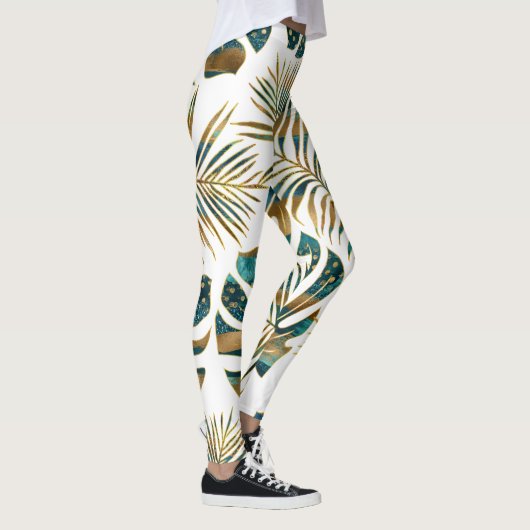 ティール（緑がかった色）と金ゴールドのパターン（の模様が）ある熱帯葉 レギンス (右)