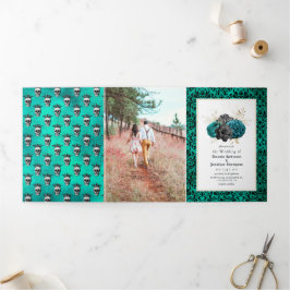 ティール（緑がかった色）と金ゴールドのフローラ結婚ゴシックの写真 三つ折り招待状