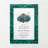 ティール（緑がかった色）と金ゴールドのフローラ結婚ゴシックの写真 三つ折り招待状 (カバー)