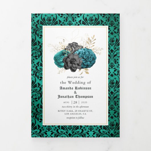 ティール（緑がかった色）と金ゴールドのフローラ結婚ゴシックの写真 三つ折り招待状 (カバー)