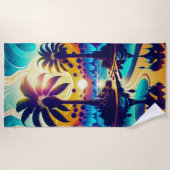 ティール（緑がかった色）と金ゴールドのヤシの木 ビーチタオル (正面)