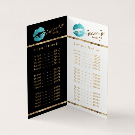 ティール（緑がかった色）と金ゴールドの価格とサービスリスト 名刺 (内部)