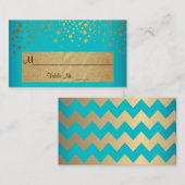 ティール(緑がかった色)と金ゴールドの山形と紙吹雪ドット プレイスカード (正面/裏面)