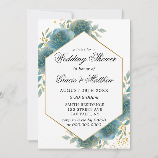 ティール(緑がかった色)と金ゴールドの幾何学的ウェディングシャワー招待状 (正面)