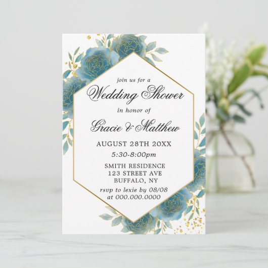 ティール(緑がかった色)と金ゴールドの幾何学的ウェディングシャワー招待状 (スタンド正面)