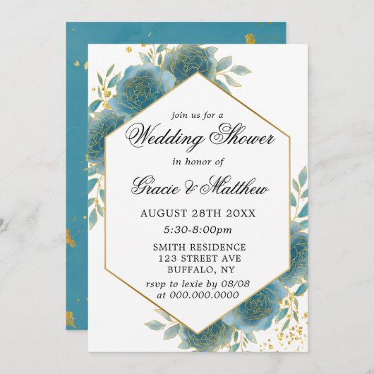 ティール（緑がかった色）と金ゴールドの幾何学的ウェディングシャワー招待状 (正面/裏面)