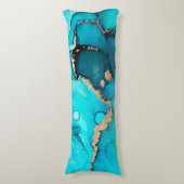 ティール(緑がかった色)と金ゴールドの抽象芸術オーガニックスワーズインクアート ボディピロー (正面縦)