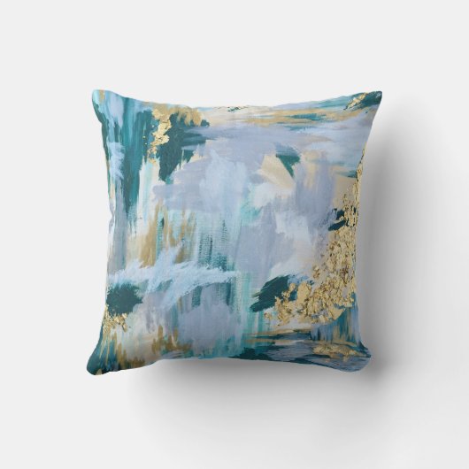 ティール（緑がかった色）と金ゴールドの抽象芸術パターン クッション (裏面)