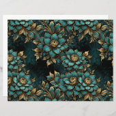 ティール（緑がかった色）と金ゴールドの暗いグランジ花 (正面/裏面)