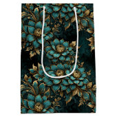 ティール（緑がかった色）と金ゴールドの暗いグランジ花 ミディアムペーパーバッグ (裏面)