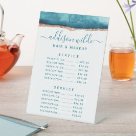 ティール（緑がかった色）と金ゴールドの水色サービス価格 台座サイン