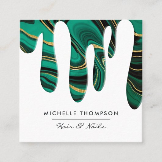 ティール(緑がかった色)と金ゴールドの滴下 スクエア名刺 (正面)