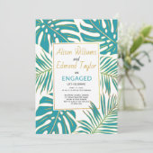 ティール（緑がかった色）と金ゴールドの熱帯葉婚約パーティ 招待状 (スタンド正面)