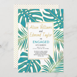 ティール（緑がかった色）と金ゴールドの熱帯葉婚約パーティ 招待状