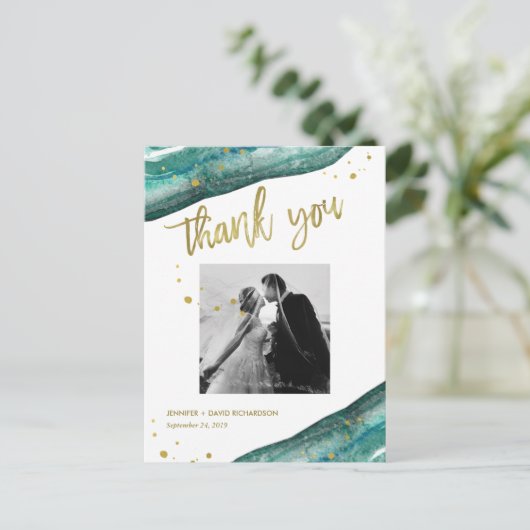 ティール（緑がかった色）と金ゴールドの結婚写真ありがとう ポストカード (スタンド正面)