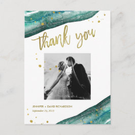 ティール（緑がかった色）と金ゴールドの結婚写真ありがとう ポストカード
