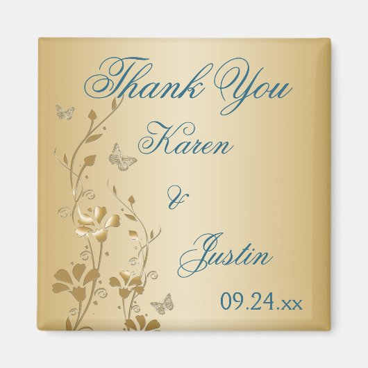 ティール(緑がかった色)と金ゴールドの花と蝶の磁石 マグネット (正面)