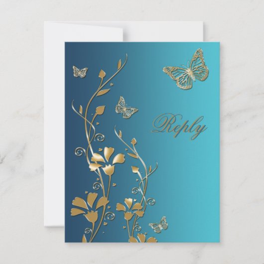 ティール(緑がかった色)と金ゴールドの花と蝶の返信カード 招待状 (正面)