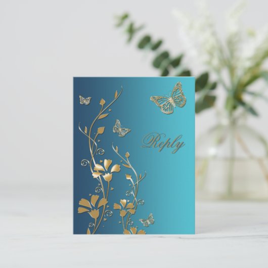 ティール(緑がかった色)と金ゴールドの花と蝶の返信カード 招待状 (スタンド正面)