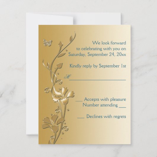 ティール(緑がかった色)と金ゴールドの花と蝶の返信カード 招待状 (裏面)