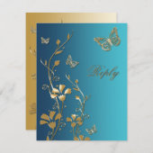 ティール(緑がかった色)と金ゴールドの花と蝶の返信カード 招待状 (正面/裏面)