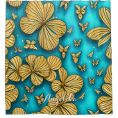 ティール（緑がかった色）と金ゴールドの花パーソナライズされた名 シャワーカーテン (正面)