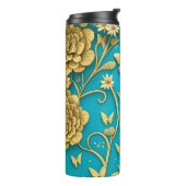 ティール（緑がかった色）と金ゴールドの花パーソナライズされた名 タンブラー (回転左)