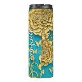 ティール（緑がかった色）と金ゴールドの花パーソナライズされた名 タンブラー (裏面)