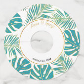 ティール（緑がかった色）と金ゴールドの葉熱帯モダン結婚 ワイングラスタグ (正面)