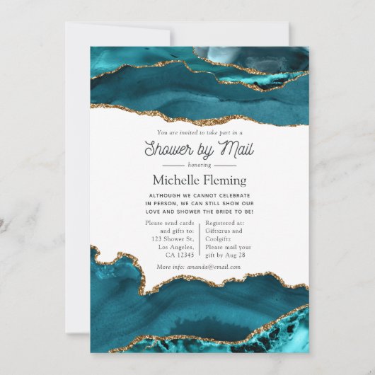 ティール(緑がかった色)と金ゴールドの雨水シャワー(郵便) 招待状 (正面)