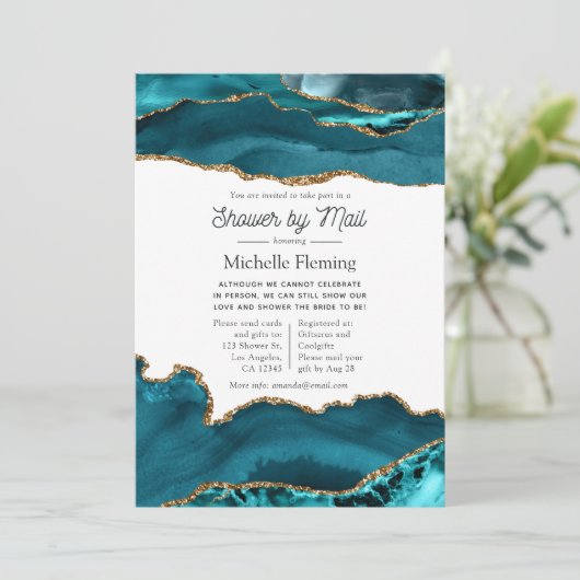 ティール(緑がかった色)と金ゴールドの雨水シャワー(郵便) 招待状 (スタンド正面)