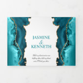 ティール（緑がかった色）と金ゴールドのAgate 結婚 on White 三つ折り招待状 (カバー)