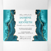 ティール（緑がかった色）と金ゴールドのAgate 結婚 on White 三つ折り招待状 (内部中)