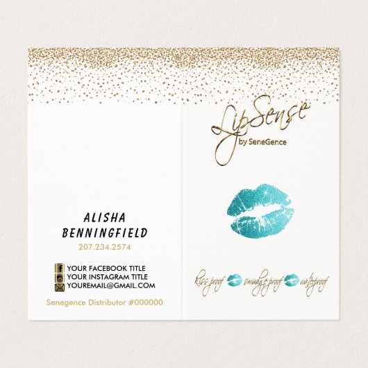 ティール(緑がかった色)と金ゴールドのLipsenseの説明 名刺 (外部フラット)