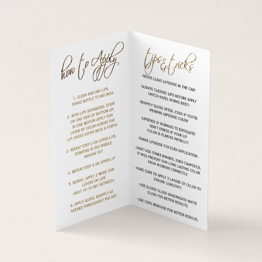 ティール（緑がかった色）と金ゴールドのLipsenseの説明 名刺 (内部)