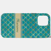 ティール(緑がかった色)と金ゴールドはかりで測人魚モノグラム名 Case-Mate iPhoneケース (裏面 (横))