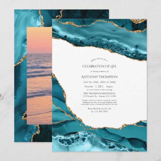 ティール(緑がかった色)と金ゴールドアガートお祝いの写真 招待状 (正面/裏面)