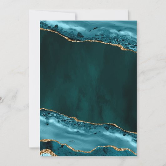 ティール（緑がかった色）と金ゴールドアガートマーブル結婚ズ 招待状 (裏面)