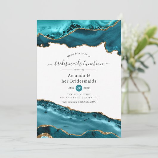 ティール(緑がかった色)と金ゴールドアゲートブリデスメイドランチョン 招待状 (スタンド正面)