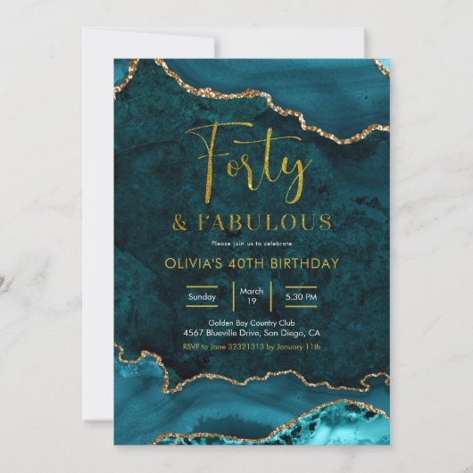 ティール（緑がかった色）と金ゴールドアゲート40thと素晴らしい招待状 招待状 (正面)